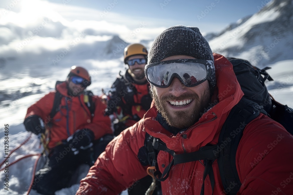 A group of climbers celebrates reaching the snowy summit, sharing laughter and joy against the breathtaking backdrop of rugged mountains and clear blue skies. A group of climbers celebrates reaching the snowy summit, sharing laughter and joy against the breathtaking backdrop of rugged mountains and clear blue skies.