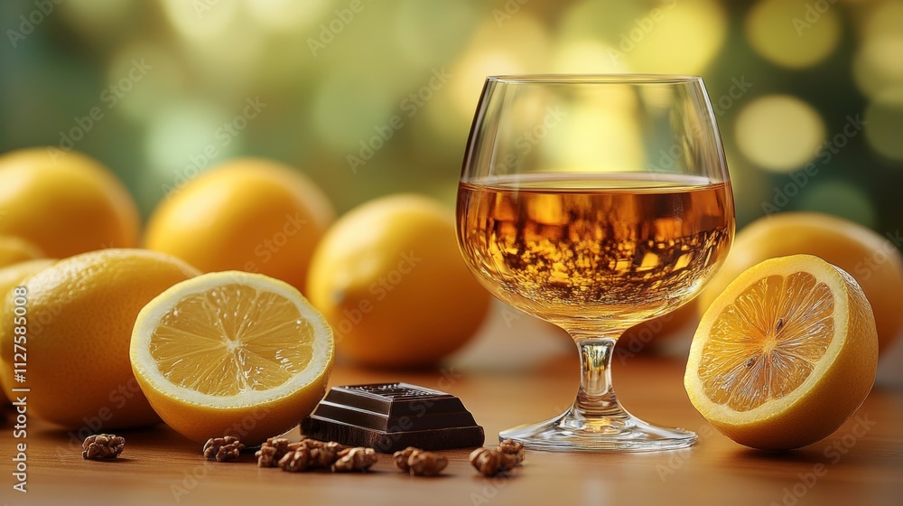 Elegant Crystal Glass of 25-Year-Aged Cognac with Lemon Slice, Chocolate, and Smoked Cigar in a Minimalist Ambiance Elegant Crystal Glass of 25-Year-Aged Cognac with Lemon Slice, Chocolate, and Smoked Cigar in a Minimalist Ambiance