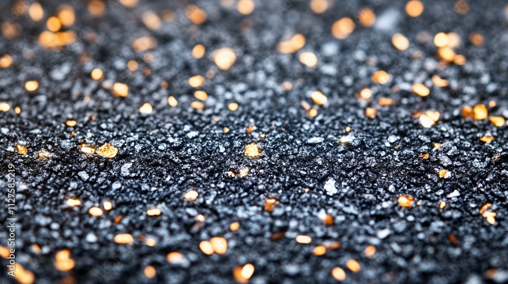 Textured asphalt background with golden specks, macro view, shimmering surface, copy space. Textured asphalt background with golden specks, macro view, shimmering surface, copy space.