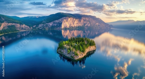 A small island is surrounded by a large body of water photo