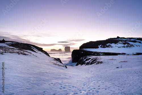 Dyrholaey cliffs with crashing waves in Iceland in winter