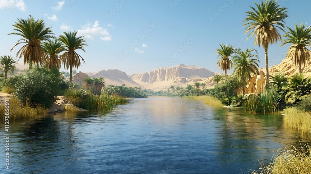 Serene river landscape with palm trees and mountains under a clear blue sky. Serene river landscape with palm trees and mountains under a clear blue sky.
