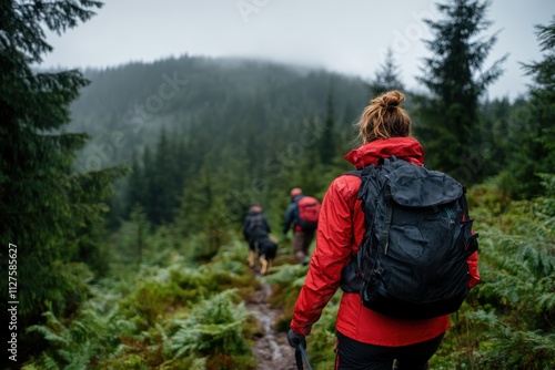 Wallpaper Mural Adventurous hikers navigating a foggy forest trail, showcasing the beauty of nature and the thrill of exploration in a serene, tranquil environment filled with lush greenery. Torontodigital.ca