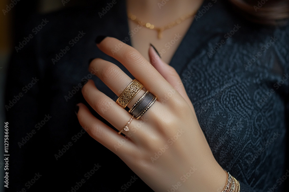 Naklejka premium Elegant display of intricate gold rings on a hand