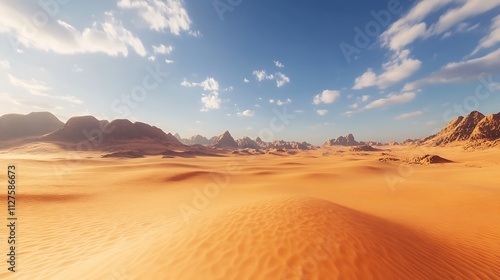 A vast desert landscape with rolling sand dunes and distant mountains under a blue sky.