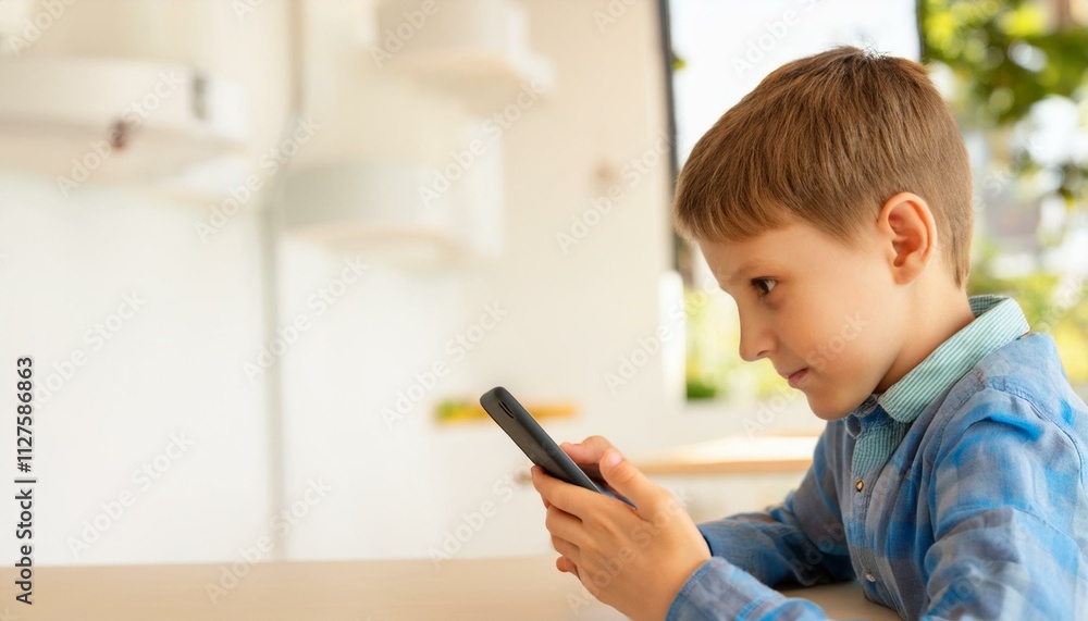 Young Boy's Digital World: A young boy, absorbed in the digital world, sits at a table, engrossed in his smartphone. His focused expression reflects the allure of the digital age. Young Boy's Digital World: A young boy, absorbed in the digital world, sits at a table, engrossed in his smartphone. His focused expression reflects the allure of the digital age.