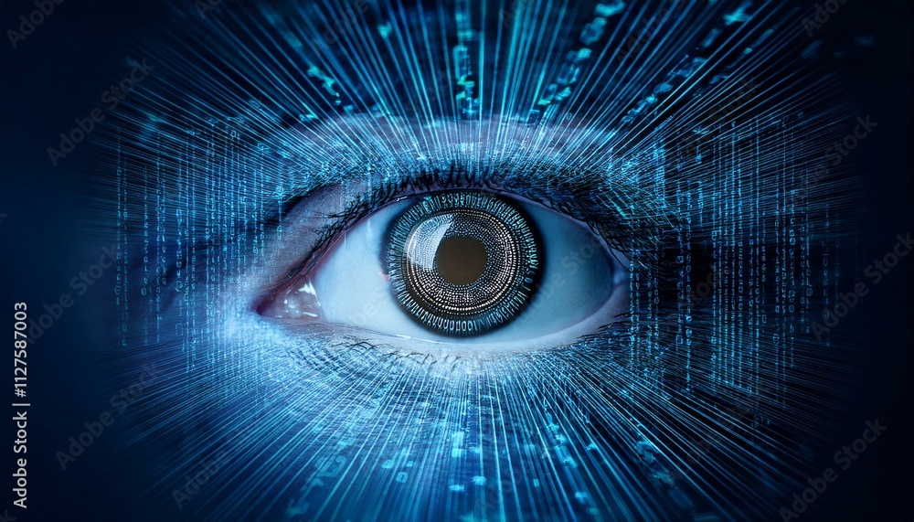 Digital Eye: A close-up view of a human eye, transformed into a digital interface with streams of data flowing outwards, symbolizing the connection between technology and human perception. Digital Eye: A close-up view of a human eye, transformed into a digital interface with streams of data flowing outwards, symbolizing the connection between technology and human perception.