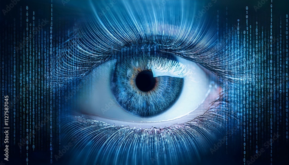 Digital Eye: Abstract close-up of a mesmerizing blue eye, overlaid with dynamic digital data streams, symbolizing technological surveillance, data analysis, or futuristic vision. Digital Eye: Abstract close-up of a mesmerizing blue eye, overlaid with dynamic digital data streams, symbolizing technological surveillance, data analysis, or futuristic vision.