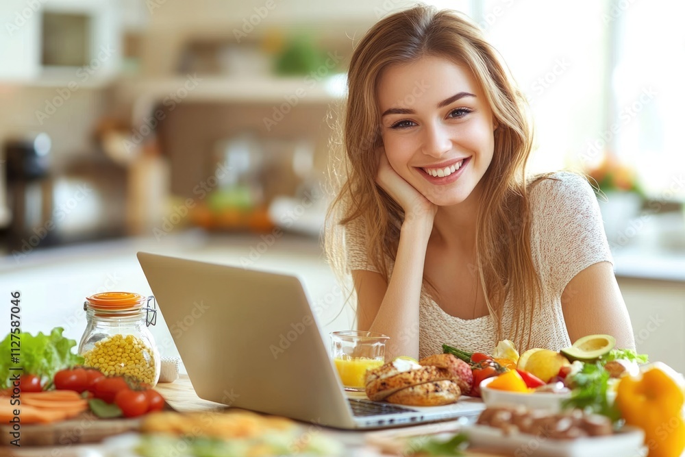 Cheerful Young European Woman Enjoying Breakfast at Home While Using Laptop in Cozy Kitchen Cheerful Young European Woman Enjoying Breakfast at Home While Using Laptop in Cozy Kitchen