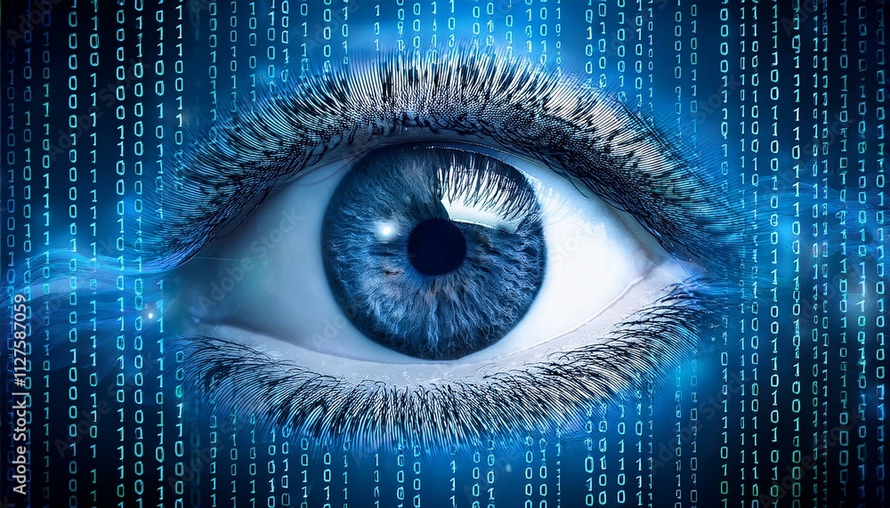 Obraz premium Digital Eye: A mesmerizing close-up of a blue eye superimposed on a cascading stream of binary code, symbolizing the intersection of technology and human perception. 