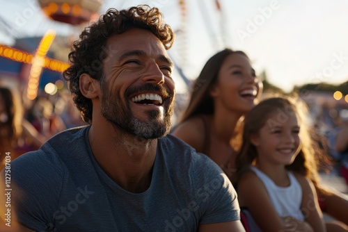 The image captures three smiling faces riding together in delight at a carnival, symbolizing joy, connection, and the thrill of shared experiences. photo