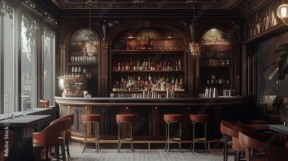 Obraz premium Elegant bar interior with wooden accents and a variety of spirits on display.