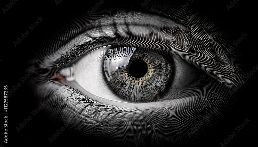Obraz premium The Gaze of Mystery: A single human eye, captured in stark black and white, peers out from the darkness, inviting contemplation and intrigue.