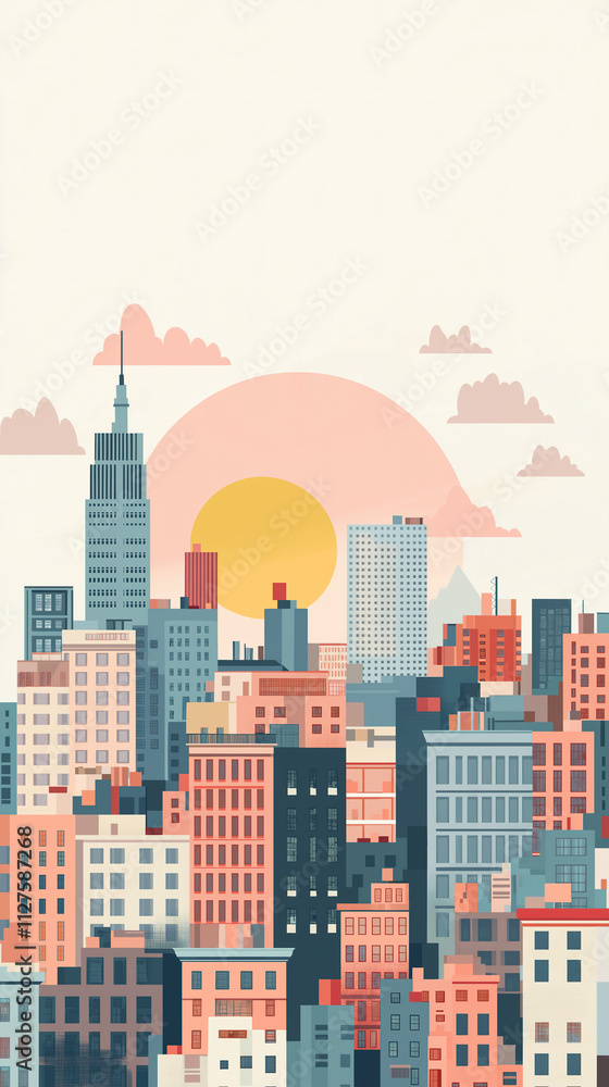 Obraz premium Stylish Flat Vector Cityscape with Blocky Buildings and a Rising Minimalist Sun for Trendy Artwork