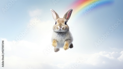 Adorable bunny happily hopping on white clouds under a vibrant rainbow photo