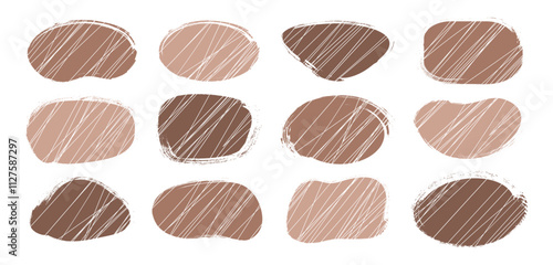Brush edge shape icon, mocha mousse paint texture, organic dirty blob, grunge stain, crayon stroke spot, line sketch form isolated on white background. Trendy colour 2025 year. Vector illustration