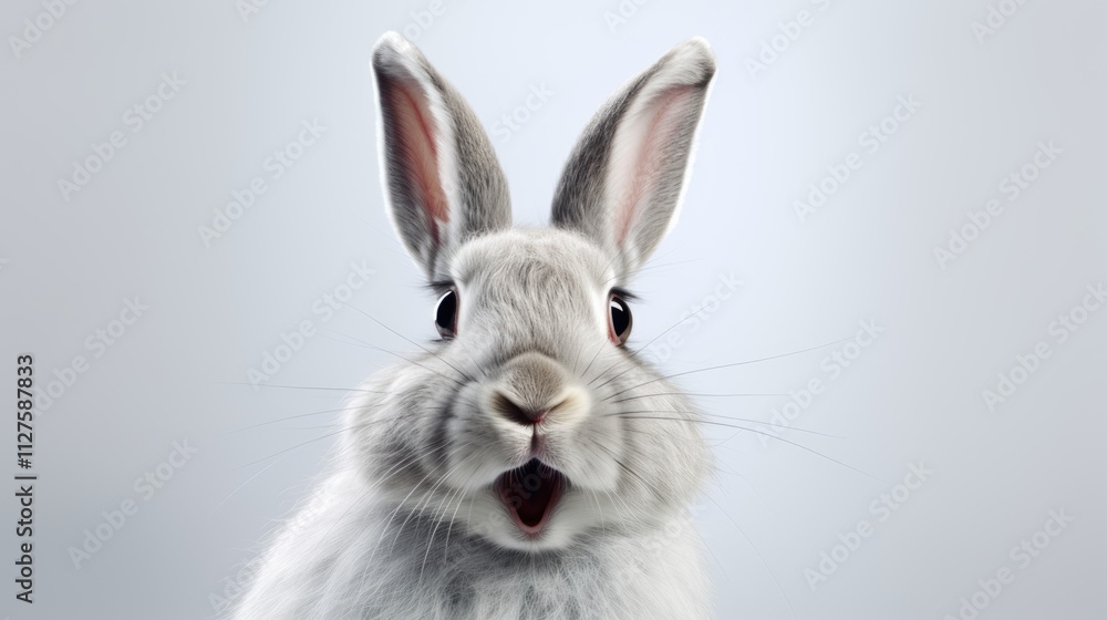 Fototapeta premium Surprised Funny Cute Bunny with Big Eyes on Light Background, Cute Animal Portrait