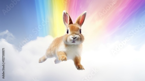 Adorable bunny happily hopping on white clouds under a vibrant rainbow photo