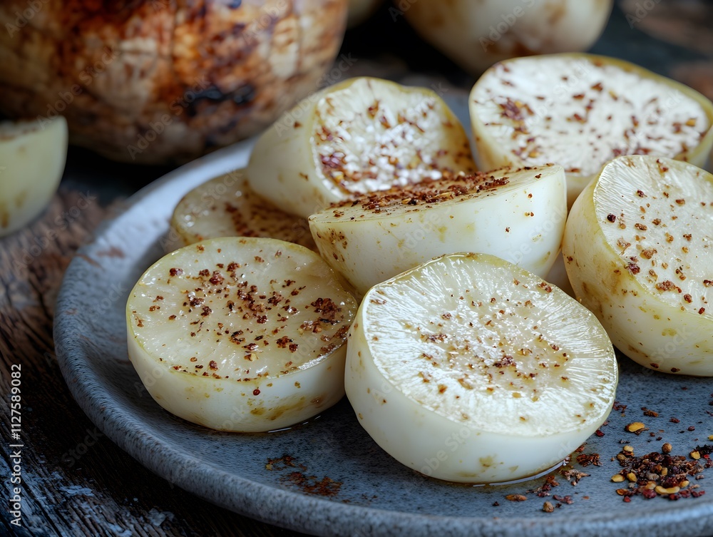 Sliced vegetables seasoned with spices on a plate, ready for serving. Sliced vegetables seasoned with spices on a plate, ready for serving.