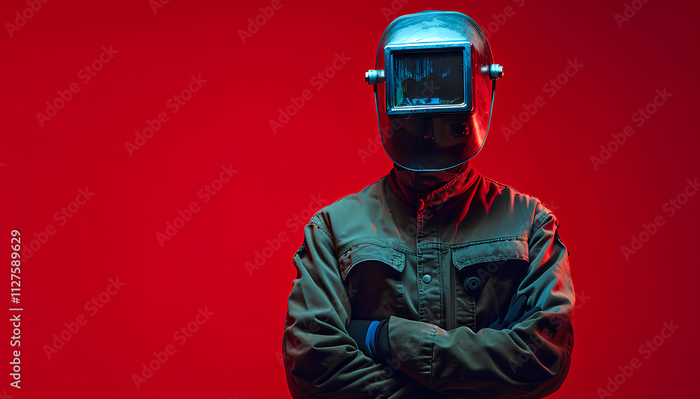 A man in welding glasses on red background A man in welding glasses on red background