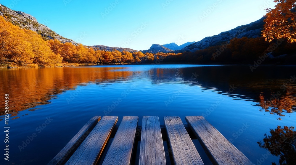 Obraz premium A wooden dock in the middle of a lake surrounded by trees
