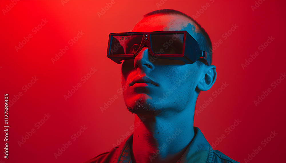 A man in welding glasses on red background A man in welding glasses on red background