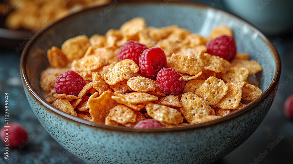 bowl of cereal with raspberries, bowl of corn flakes bowl of cereal with raspberries, bowl of corn flakes