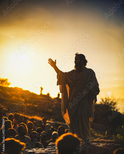 The apostle Paul teaching the gospel to a crowd of people on a mount outside of Jerusalem