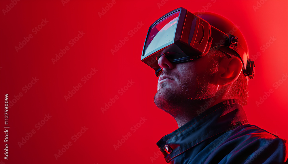 Obraz premium A man in welding glasses on red background
