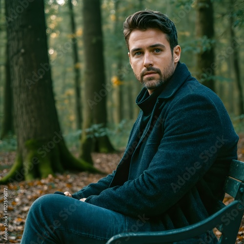 man sitting on a bench in the woods