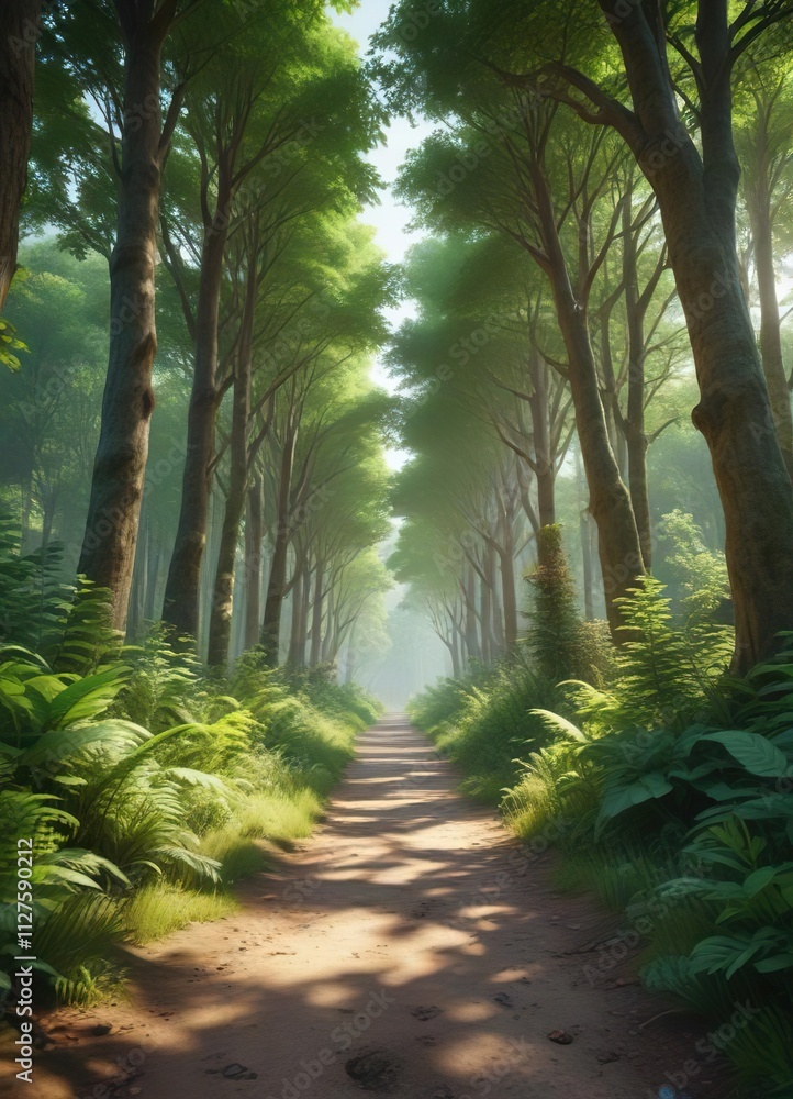 Idyllic forest pathway lined with vibrant greenery and towering trees, outdoor, pathway, scenic view, nature Idyllic forest pathway lined with vibrant greenery and towering trees, outdoor, pathway, scenic view, nature