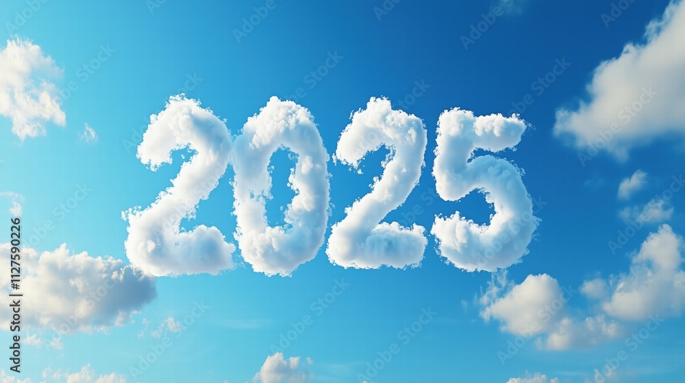 Cloud numbers forming 2025 against a bright blue sky with fluffy clouds. Optimistic future concept Cloud numbers forming 2025 against a bright blue sky with fluffy clouds. Optimistic future concept