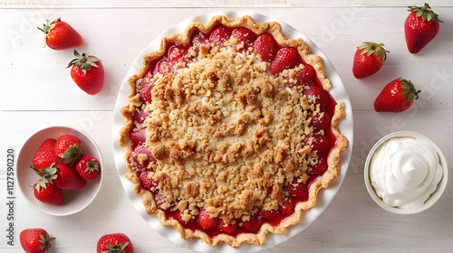 Delicious strawberry crumble pie on white wood, surrounded by fresh strawberries and whipped cream.