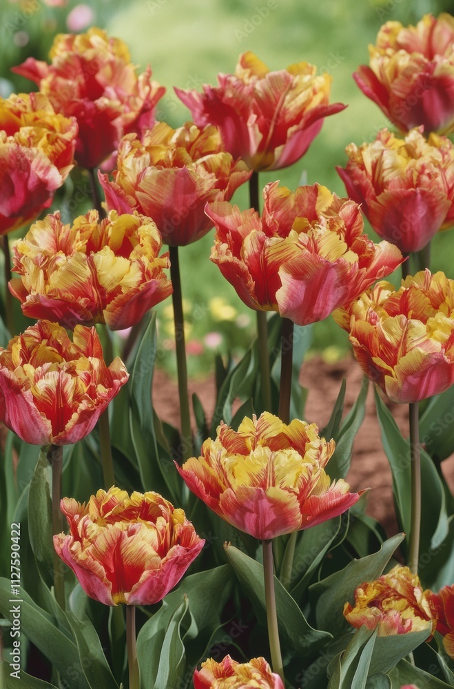 A bunch of orange and yellow flowers with green stems A bunch of orange and yellow flowers with green stems