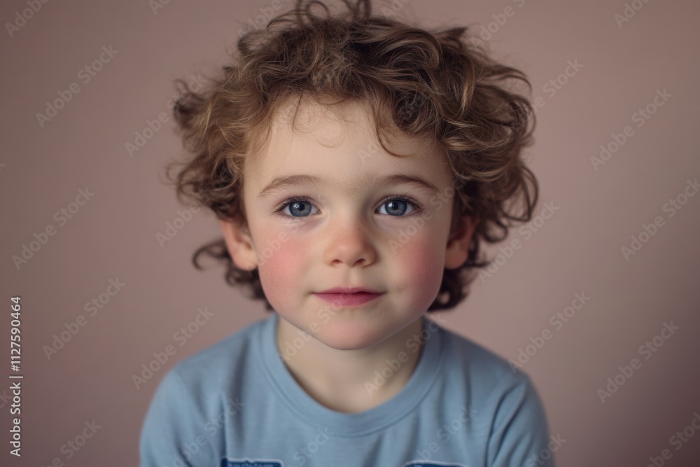 Naklejka premium A young boy with curly hair and blue eyes is smiling for the camera