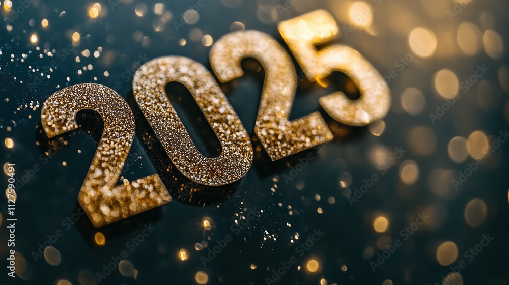 Golden glittering 2025 numbers with bokeh lights. New Year celebration Golden glittering 2025 numbers with bokeh lights. New Year celebration