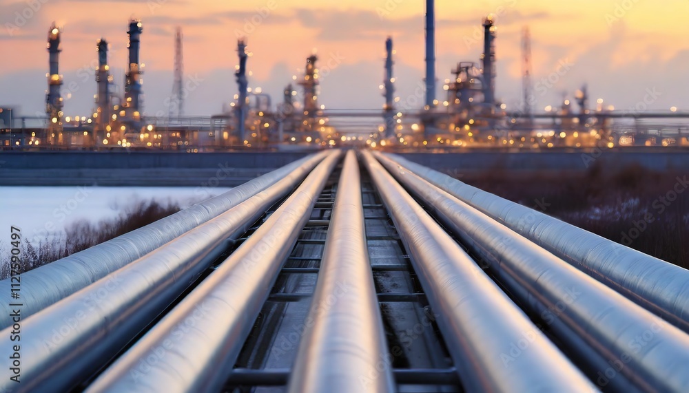 Obraz premium Industrial pipelines extending towards a refinery at dusk, capturing the essence of the oil and gas industry