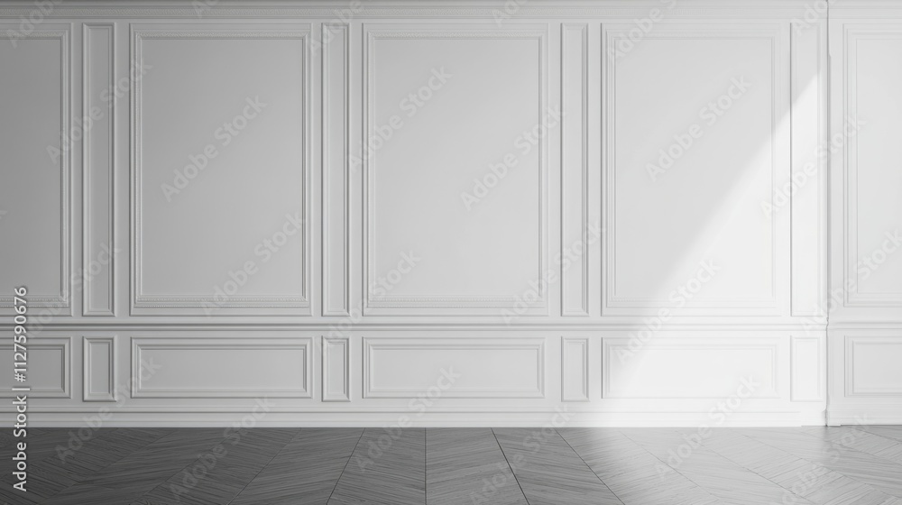 Naklejka premium Contemporary Classic White Interiors Featuring Wall Panels in a Spacious Three-Dimensional Apartment Setting