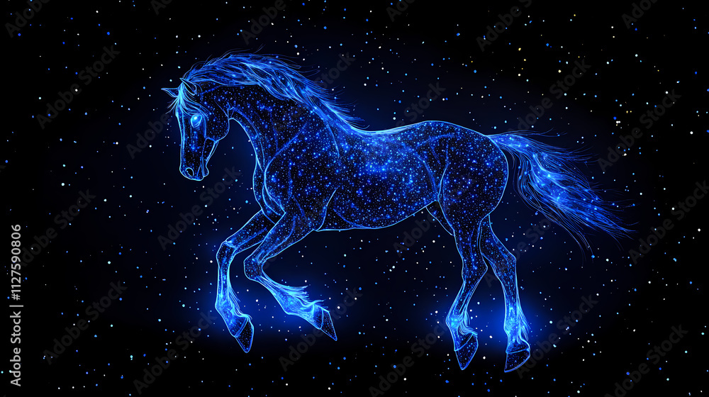 A mystical horse emanating from a constellation of vibrant blue stars prances through a night sky, reflecting mystery and ethereal beauty. Celestia. Illustration A mystical horse emanating from a constellation of vibrant blue stars prances through a night sky, reflecting mystery and ethereal beauty. Celestia. Illustration