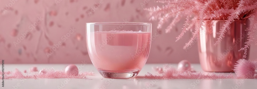 Iridescent pastel tinsel overflowing from a delicate pink glassware , festive, sparkly, iridescent tinsel Iridescent pastel tinsel overflowing from a delicate pink glassware , festive, sparkly, iridescent tinsel