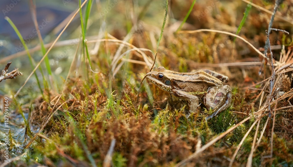 작은 연못가의 말라버린 이끼 사이에서 마지막으로 남은 개구리 한 마리