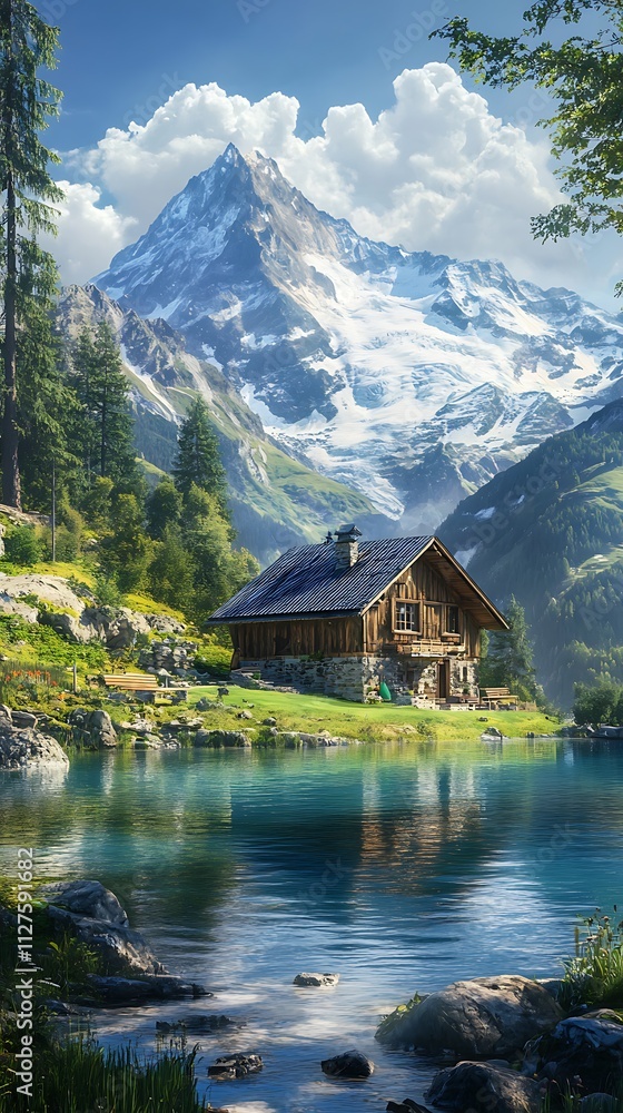 A serene mountain landscape featuring a cozy cabin by a tranquil lake. A serene mountain landscape featuring a cozy cabin by a tranquil lake.