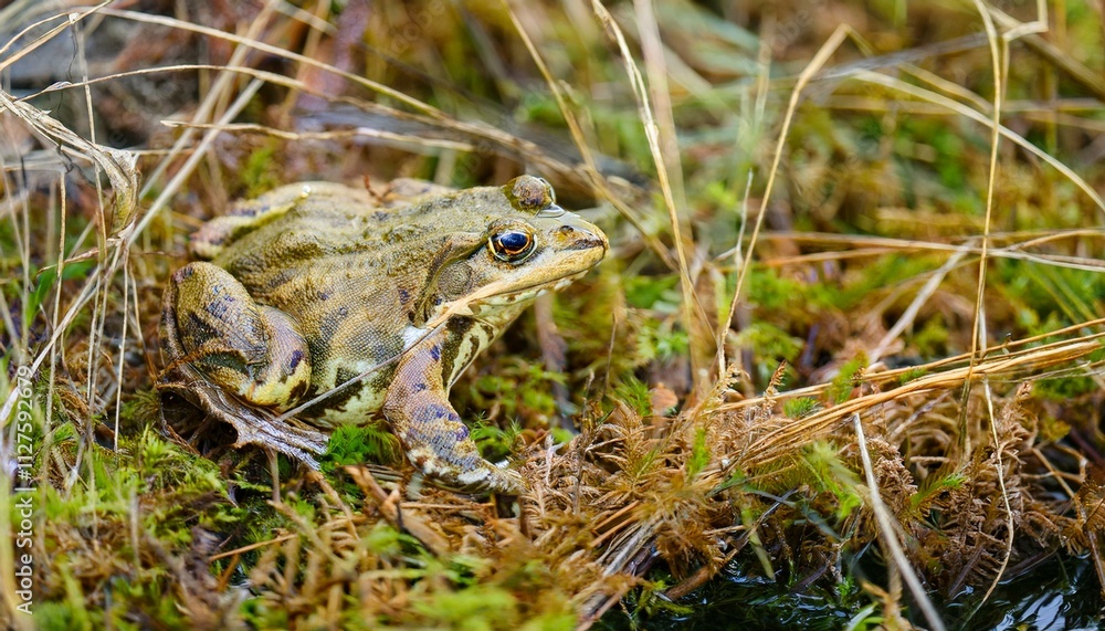 Fototapeta premium 작은 연못가의 말라버린 이끼 사이에서 마지막으로 남은 개구리 한 마리