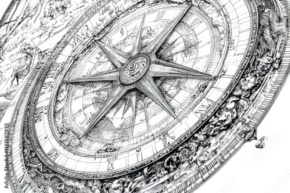 Naklejka premium Ornate compass rose, detailed map, navigational instrument.