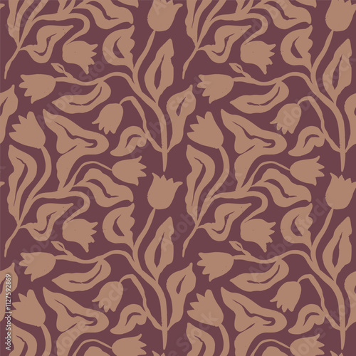 Brush strokes inky flowers brown seamless pattern. Abstract floral contemporary background. Textured botanical minimalist wallpaper