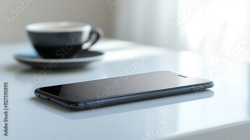 Black smartphone on white glossy table with coffee cup in soft daylight. lifestyle branding