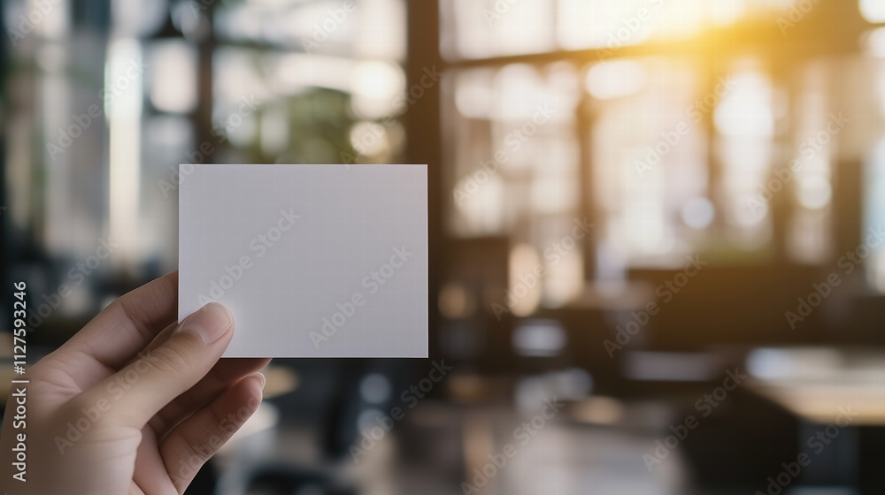 Hand holding a blank card against a blurred modern office background with warm tones. business communication Hand holding a blank card against a blurred modern office background with warm tones. business communication