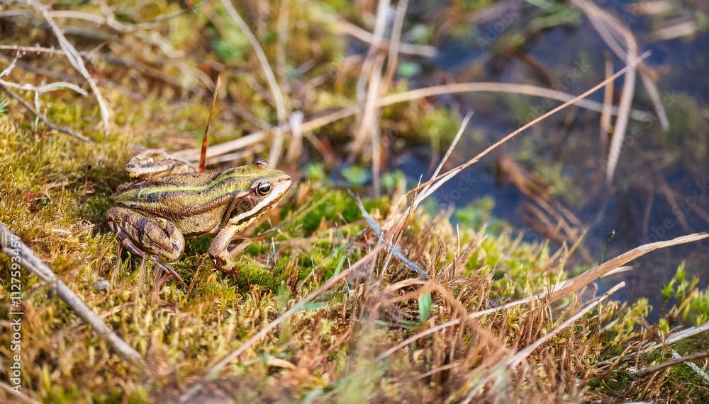 작은 연못가의 말라버린 이끼 사이에서 마지막으로 남은 개구리 한 마리