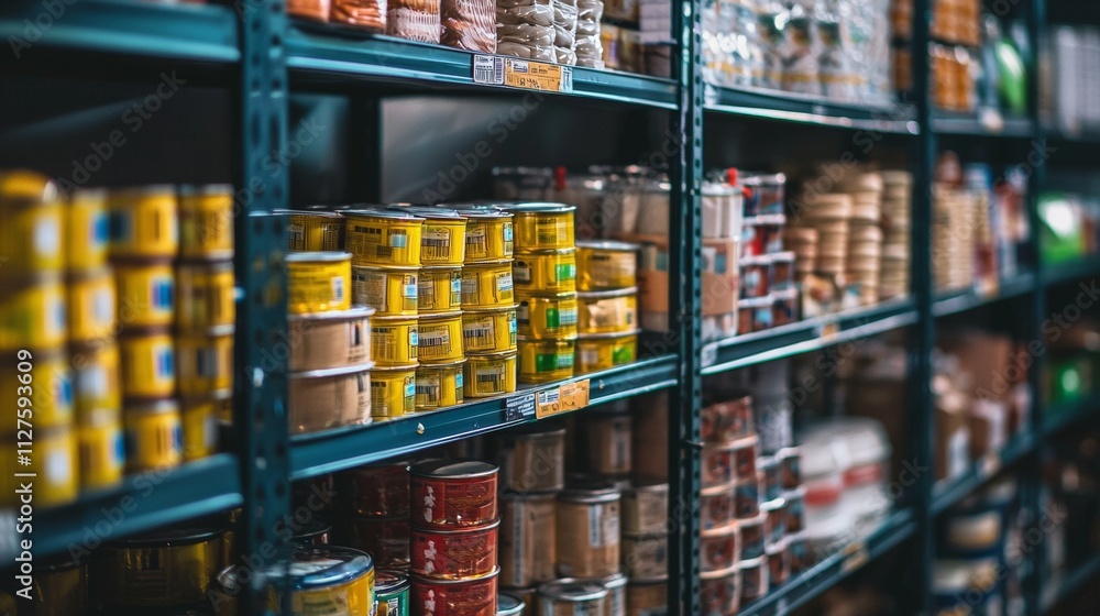 Grocery store shelves stocked with canned goods and packaged items Grocery store shelves stocked with canned goods and packaged items