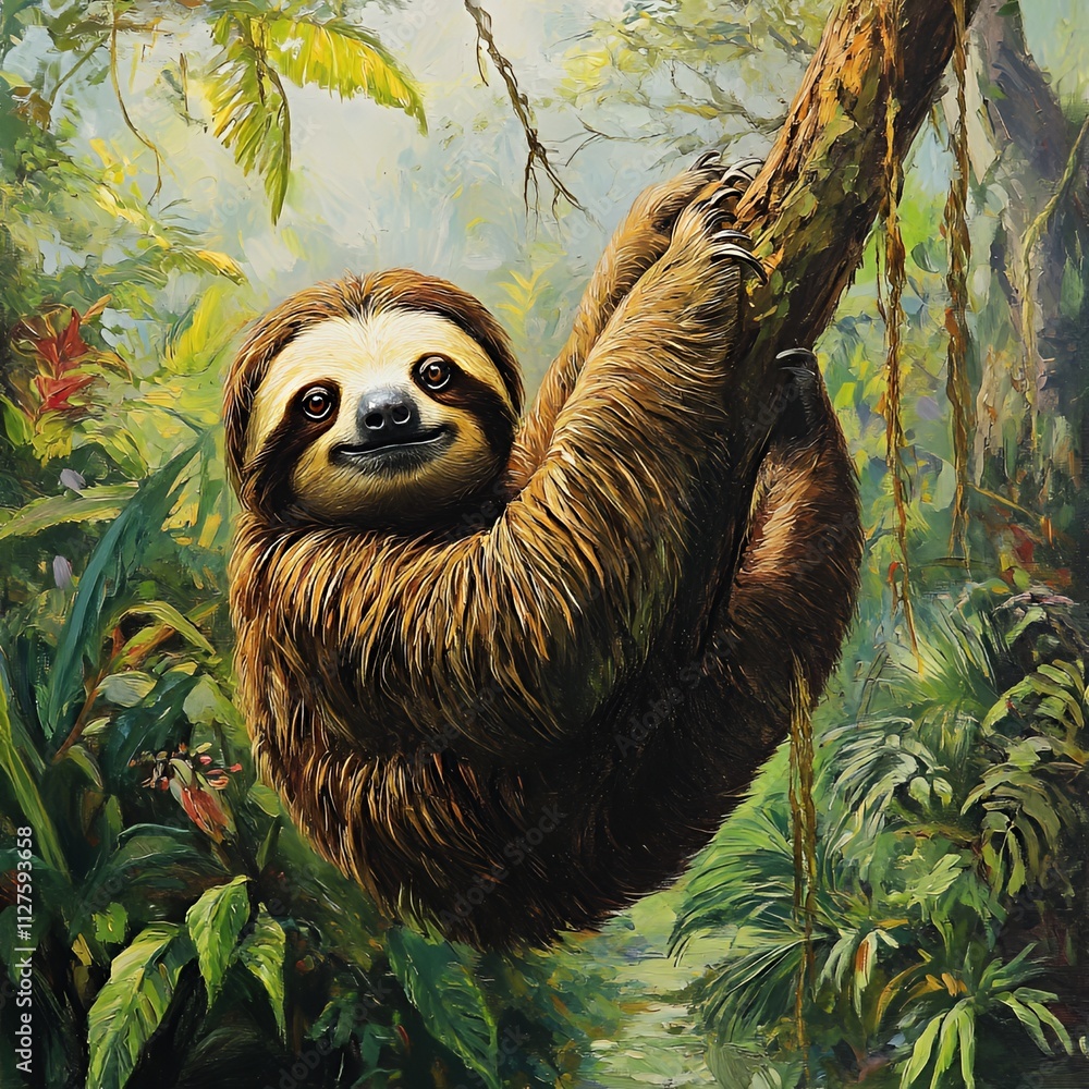 Relaxed sloth hanging in tropical forest